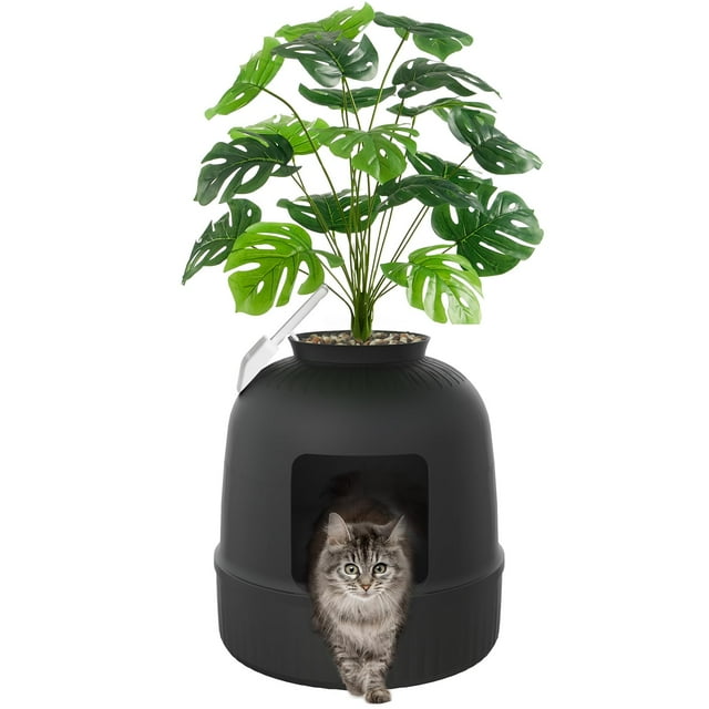 Caja de arena Lifewit Cat con planta sintética y cuchara, negra
