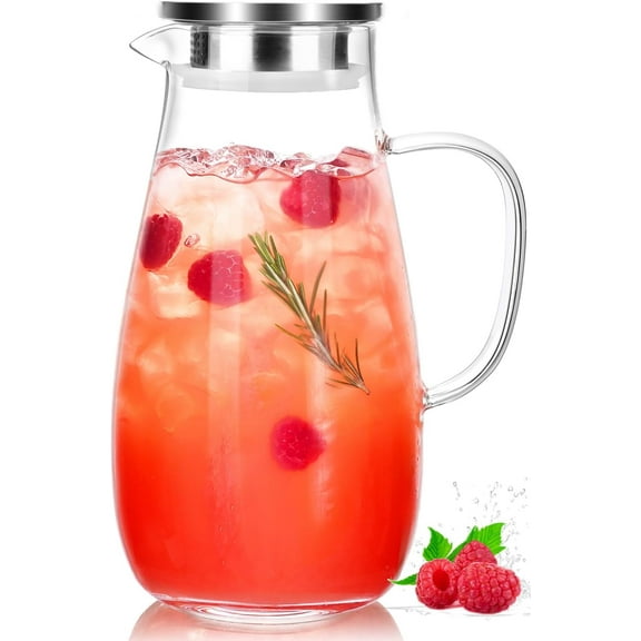 Glass Pitcher with Lid, Water Pitcher for Fridge, 64oz Drink Jug with handle, Borosilicate Glass for Iced Tea, Juice, Milk, Coffee Hot Cold Beverages Carafe 2 Quart
