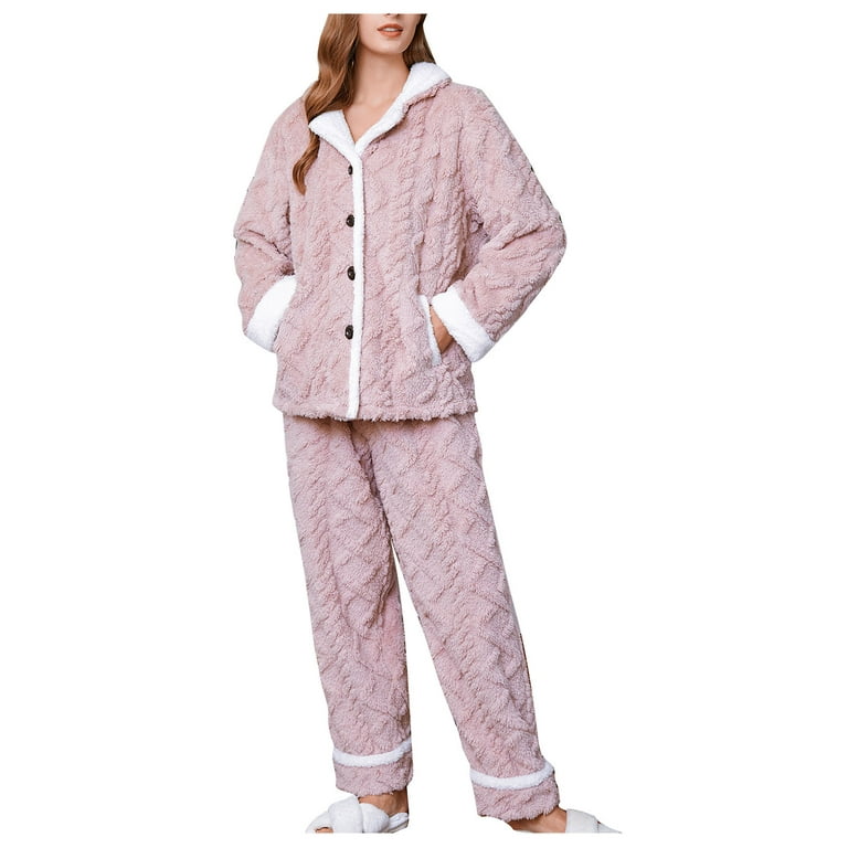 RQYYD Reduced Women's Winter Fluffy Pajamas Set Fleece Button Down Tops and  Pants Plush Loungewear Sleepwear(Green,XL) 