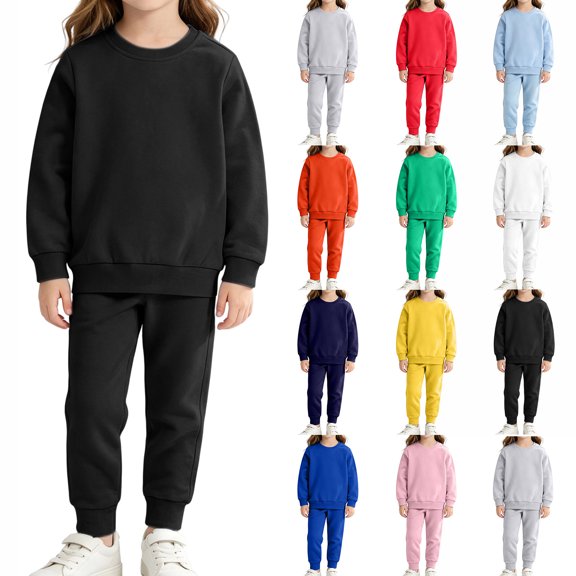 JUUNthy Boys Girls Cotton Outfit Set, Long Sleeve Crewneck Sweatshirt and Jogger Pants Kids Casual Tracksuit 2-Piece Black Size 6
