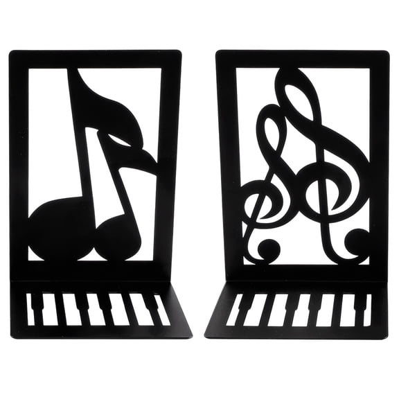 2 Pcs Black Metal Bookends, L-Shaped Music Note Decorative Book Ends with Piano Key Design, Sturdy Adjustable Book Holders for Heavy Books, Desk & Shelf Organization, Home Office Decor