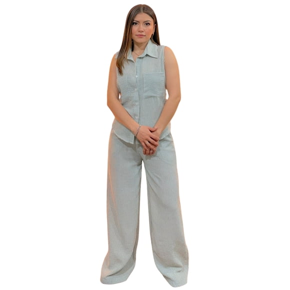 YARETNI MODA Conjunto Para Dama Pantalon Y Camisa Sin Mangas Rayado