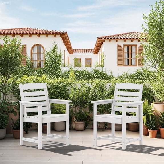 SERWALL Patio Dining Chair Set of 2,HDPE Outdoor Dining Chairs, White