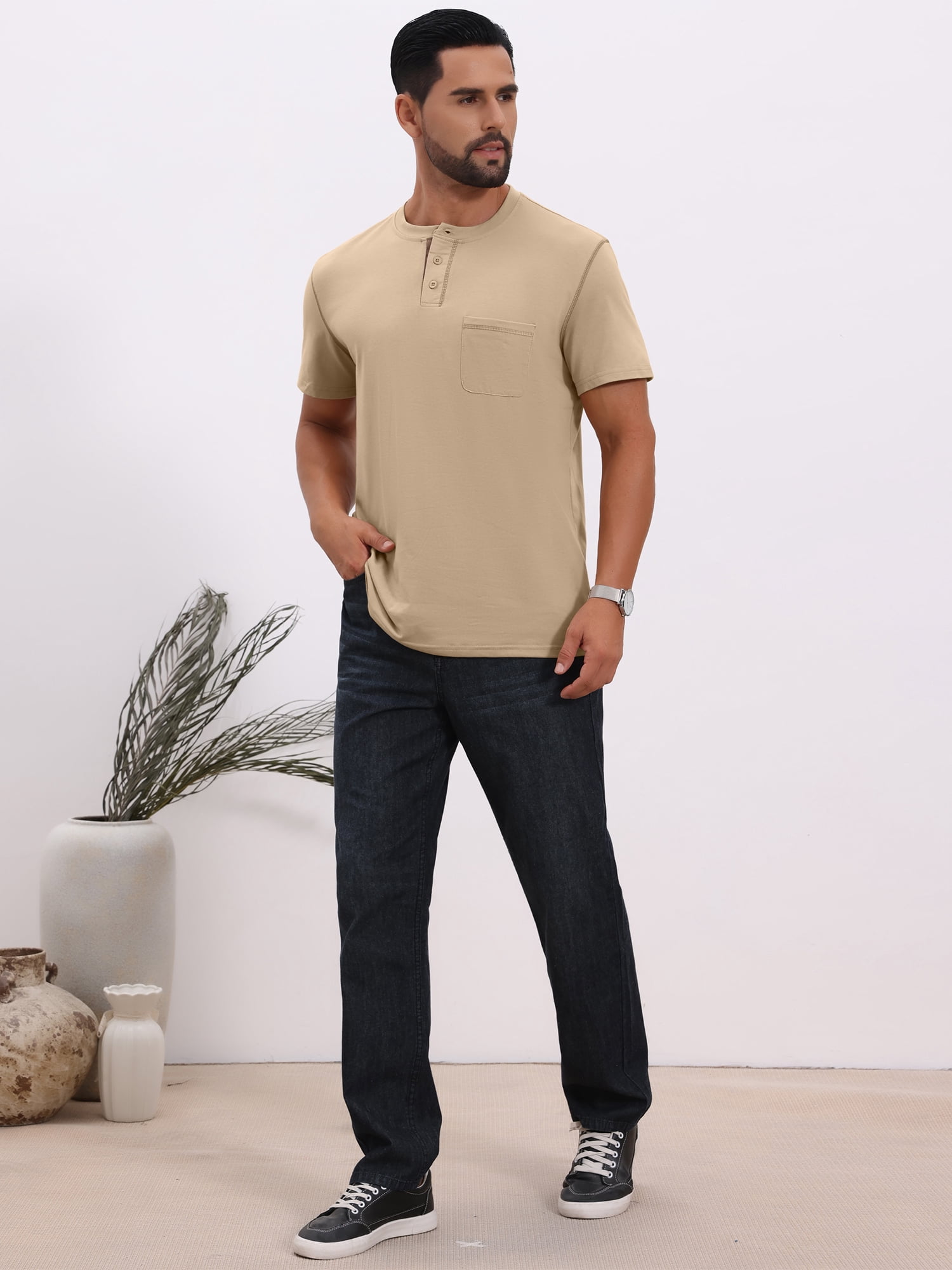 DARING DIVA Men's Henley Crew Neck Short Sleeve Button Down T-Shirt L Khaki