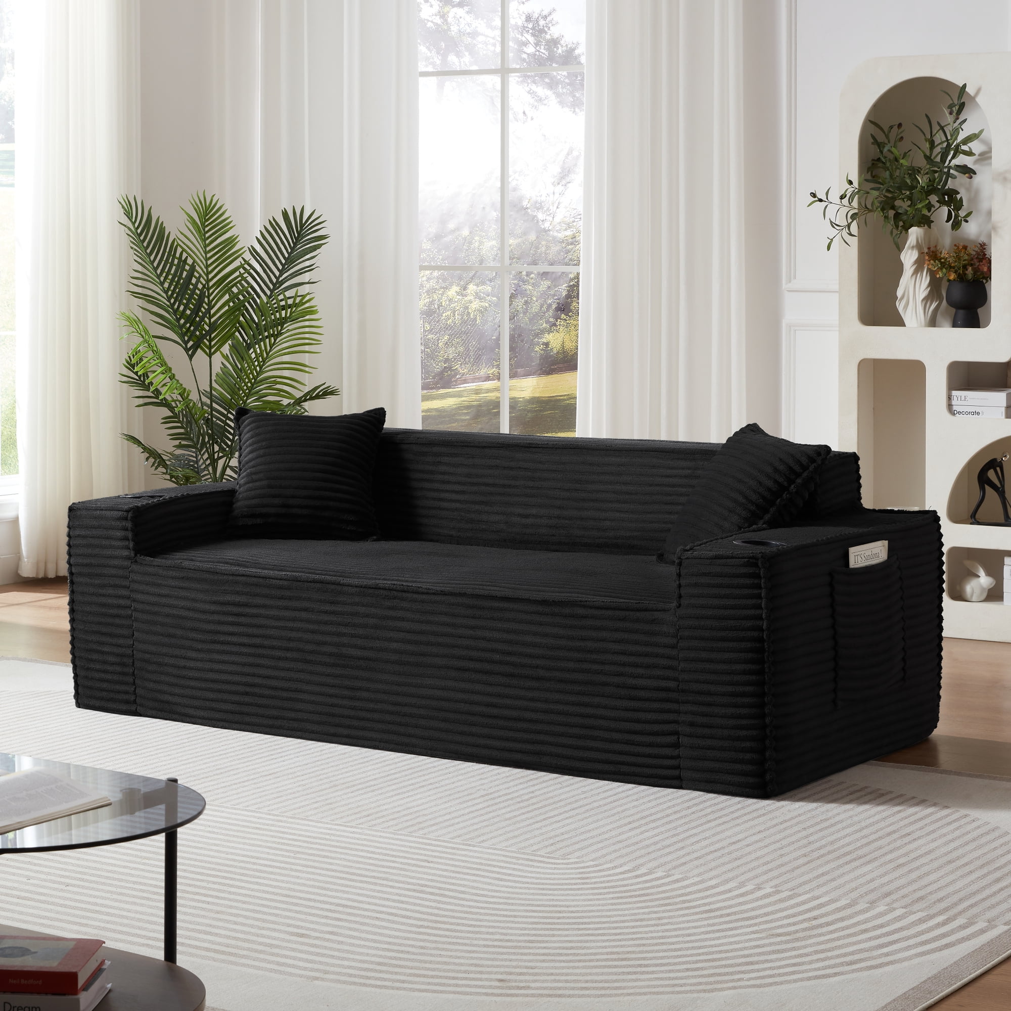 Leumius Cloud Sofa,3 Seater Boneless Couch with Cupholders,Upholstered Corduroy Fabric Modern Loveseat with Deep Seats for Living Room Bedroom,Black