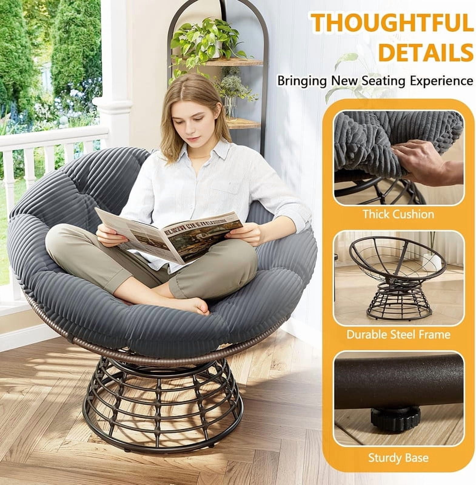 Ergonomic Wicker Papasan Chair, 360° Swivel Chair with Soft Thick Cushion for Living Room, Bedroom, Reading Room