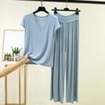 thumbnail image 2 of FengMoreActive Women's 2PC Pajamas Set V-Neck Tshirt And Wide Leg Pants Loose Sleepwear Suits Solid Color Casual Pajamas Sets, 2 of 5