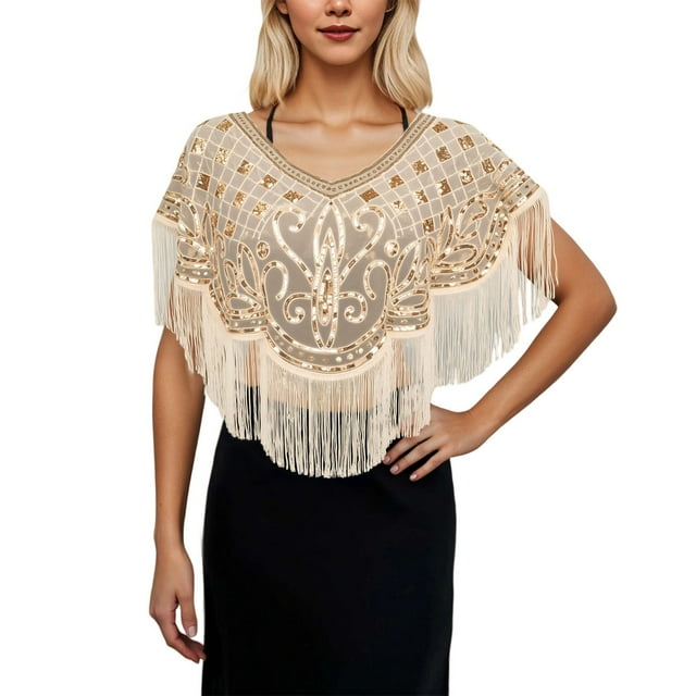 Châle Élégant à Franges et Sequins pour Robe de Soirée, Robe de Fête, Occasion Formelle et Série de Châles de Mariage avec Étincelant pour Tenue Saisonnière