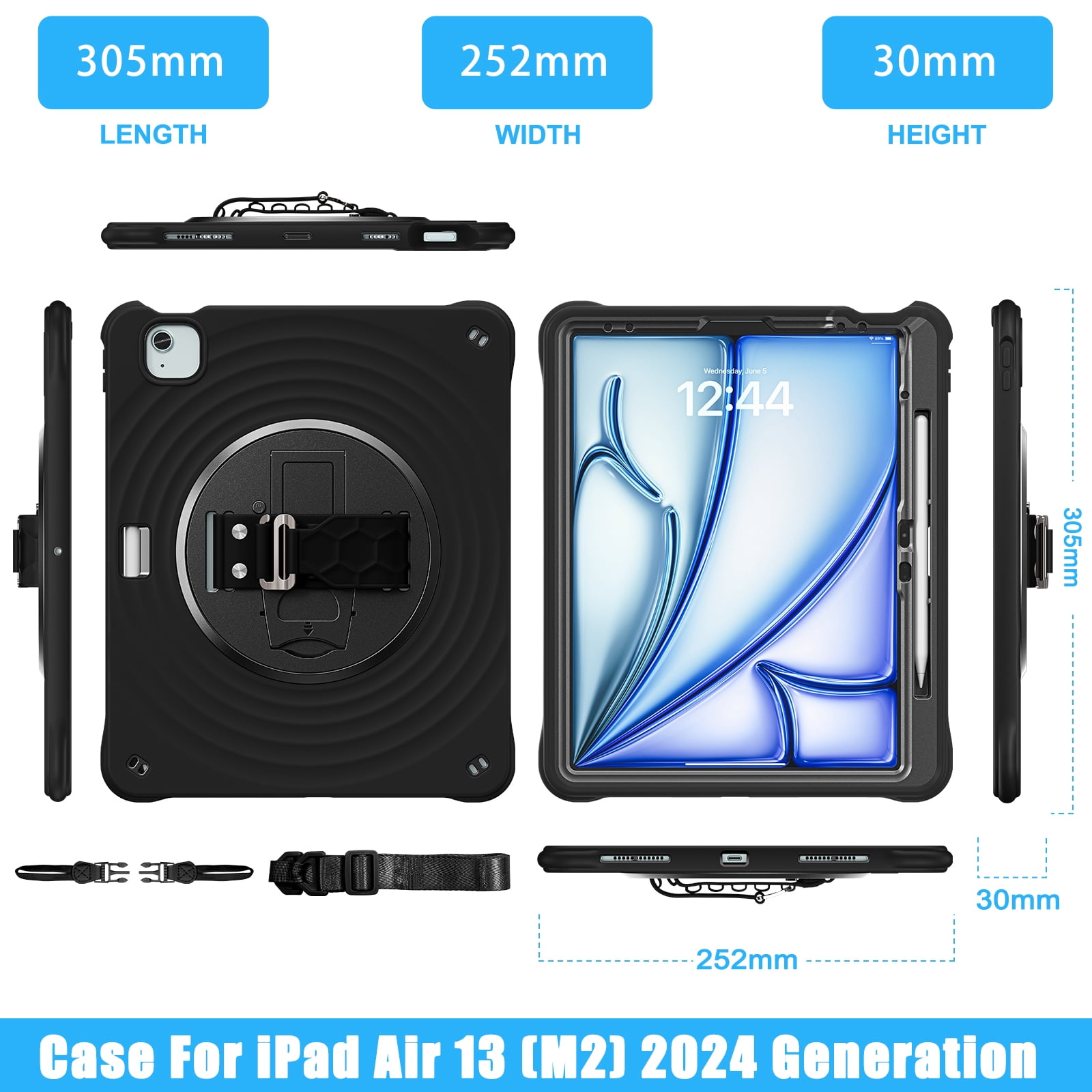 for iPad Air 13" 2025/2024 Case, Durable Sturdy Protection Case with Rotation Stand, Portable Hand Strap and Shoulder Strap Pencil Holder, Heavy Duty Shockproof Anti-Drop Cover, Black
