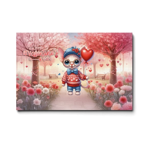 Happy Valentine’s Day Adorable Sphynx Kitten Holding Heart Balloon Horizontal Matte Canvas Poster Cat Lover Kitten Owner Gifts Idea Wall Art Home Decor - 00030