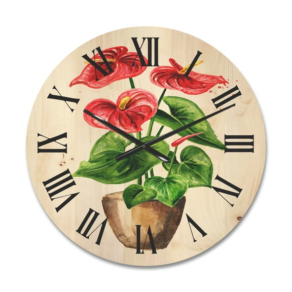 Designart 'Anthurium Tailflower In The Pot' Traditional Wood Wall Clock