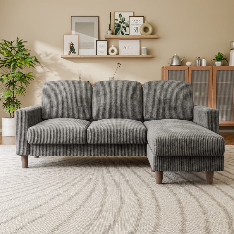 Lacoo 3 Seat Sectional Sofa L-Shaped Couch with Reversible Ottoman Convertible Cloud Couch for Living Room,Corduroy Gray