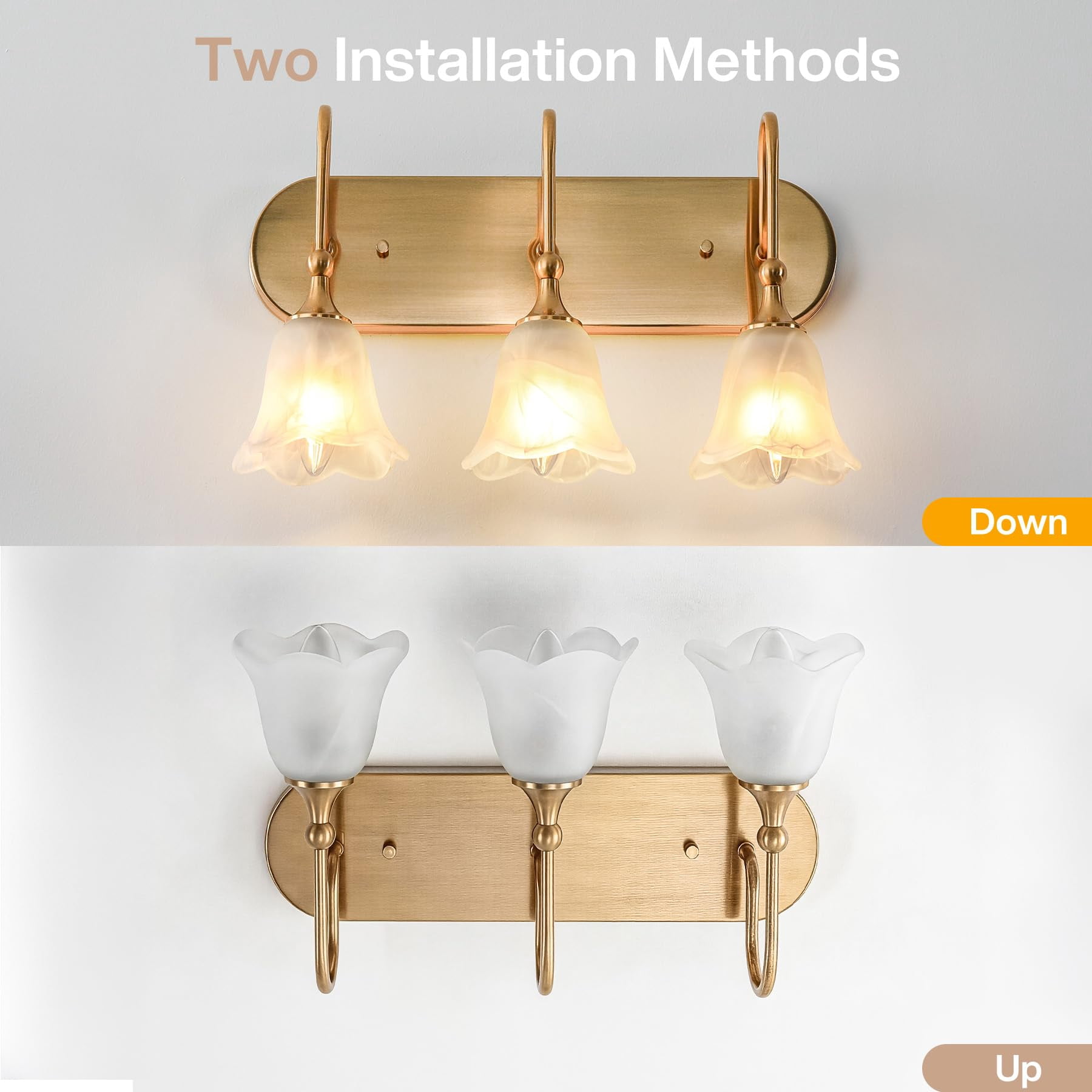 Fnova 3-Light Gold Bathroom Light Fixtures, Modern Wall Lights with Petal-shaped Glass Shades, Wall Sconce Lamp for Mirror Bedroom (E12 Base)