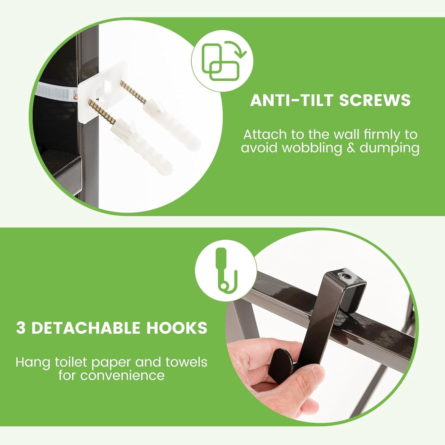 3-Tier Over the Toilet Storage Rack, Freestanding Bathroom Organizer Space Saving w/ Hooks Brown