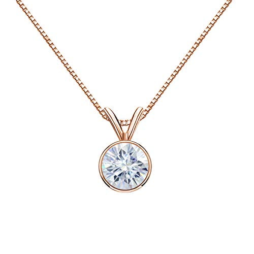 14K Rose Gold Round Bezel-set Solitaire Moissanite Pendant Necklace (2 1/2ct TGW, 9mm, White) 16 to 18-inch by Diamond Wish