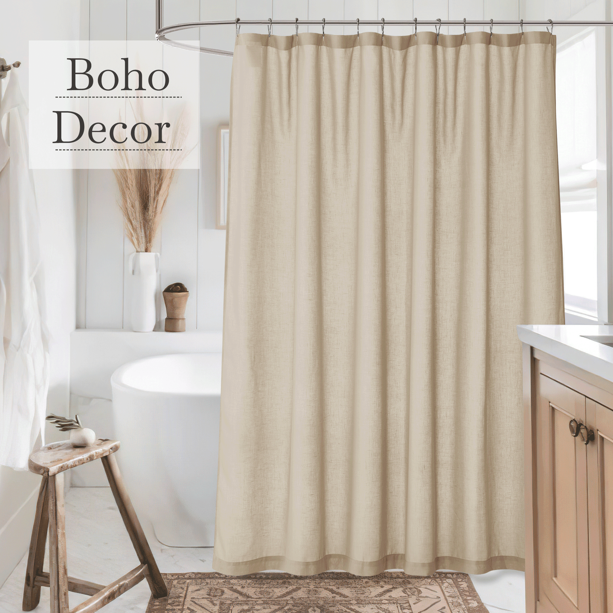 NICETOWN Linen Shower Curtain Lightweight Button Hole Semi Sheer Half Privacy Quick Dry Shower Curtains for Bathtub Decor, Angora, 72"x78", Hooks Included
