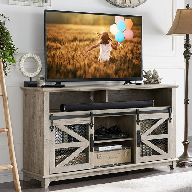 OKD Farmhouse Wood TV Stand with Sliding Barn Door for 65+ inch TV