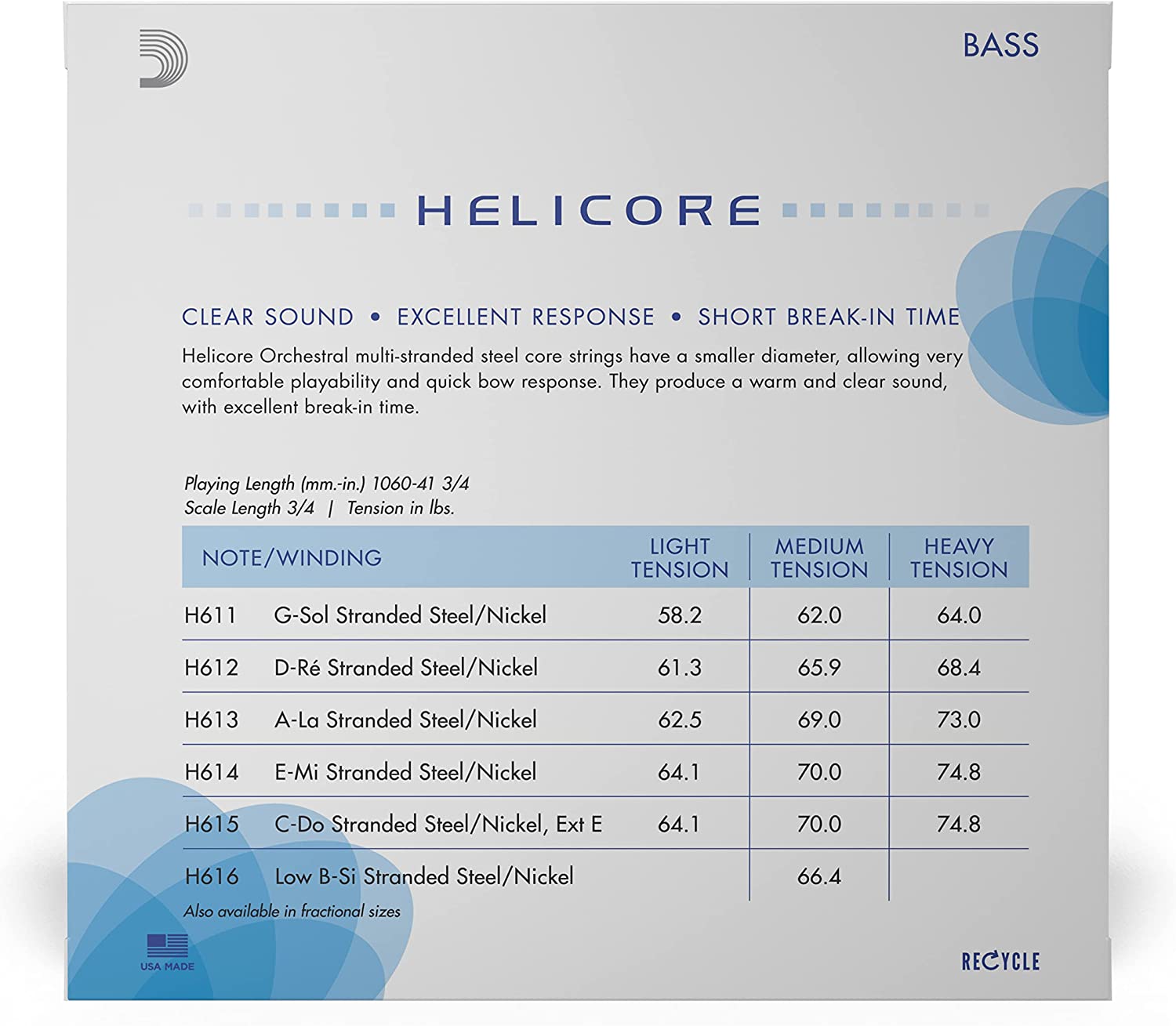 D'Addario Helicore Orchestral Series Double Bass String Set 3/4 Size Light