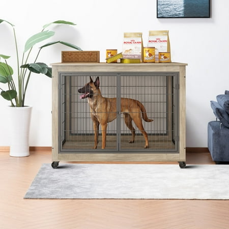 Indoor Durable Particle Board Dog Crate with Iron Door and Wheels for Medium Dogs  Grey