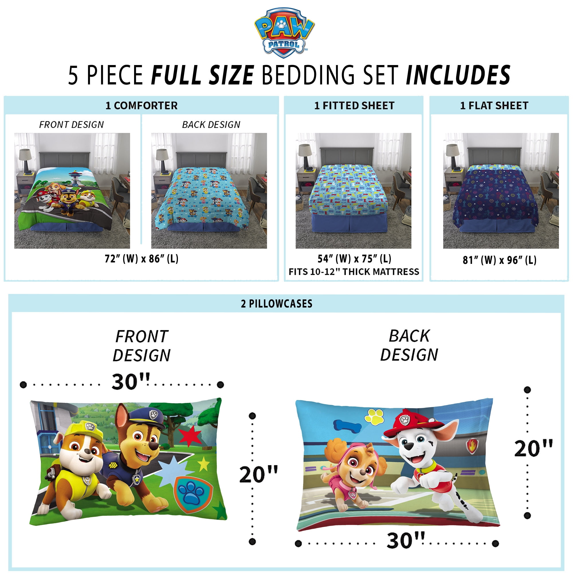 Paw Patrol Kids Full Bed in a Bag, Comforter and Sheets, Blue, Nickelodeon