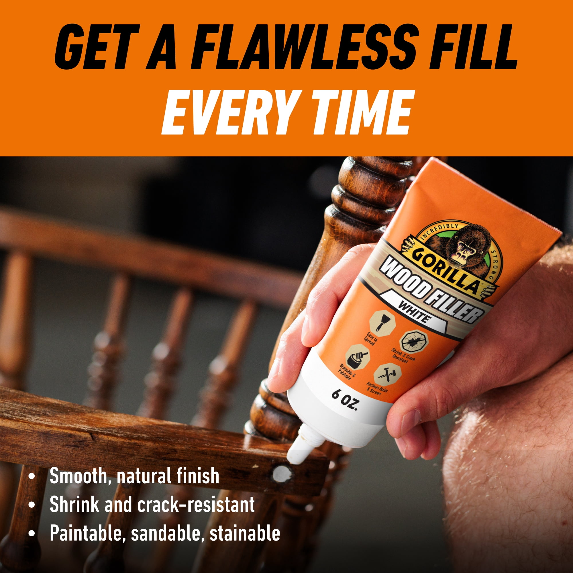 Gorilla All Purpose Wood Filler, White Wood Filler, 6 Ounce Tube - Water Resistant for Indoor or Outdoor Projects and Repairs