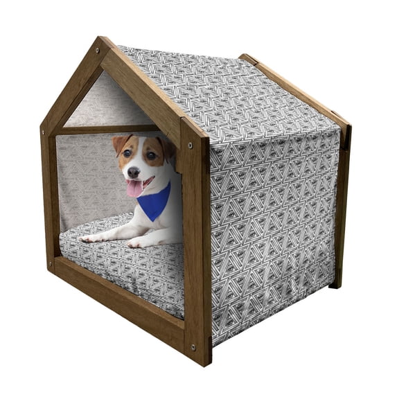 Eye Pet House, All Seeing Eye Pattern in Pyramidal Shapes Occult Boho Illustration Print, Outdoor & Indoor Portable Dog Kennel with Pillow and Cover, 5 Sizes, White and Black, by Ambesonne