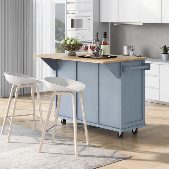 Knubmt Wood Top Kitchen Cart with Internal Storage Racks and 3 Drawers,Kitchen Island for Dinning Room, Blue