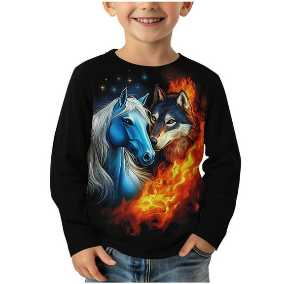 ATOGUTA Boys Shirt Long Sleeve Tee Tops Casual Graphic Clothes Crew Neck Shirts Black, 3-14 Years