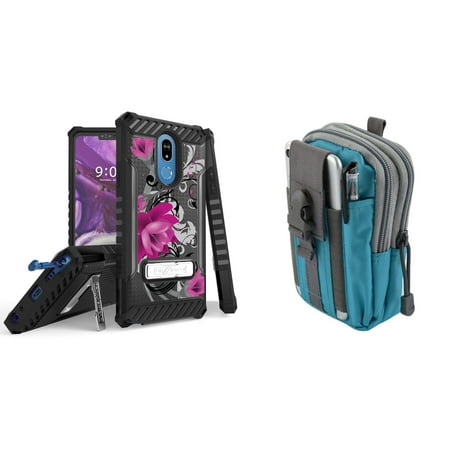 BC Tri Shield Series Compatible with LG Stylo 5 (2019) Case Military Grade Certified Rugged Cover (Lotus Vine) with Tactical MOLLE Organizer Travel Pouch (Blue/Gray) and Atom Cloth