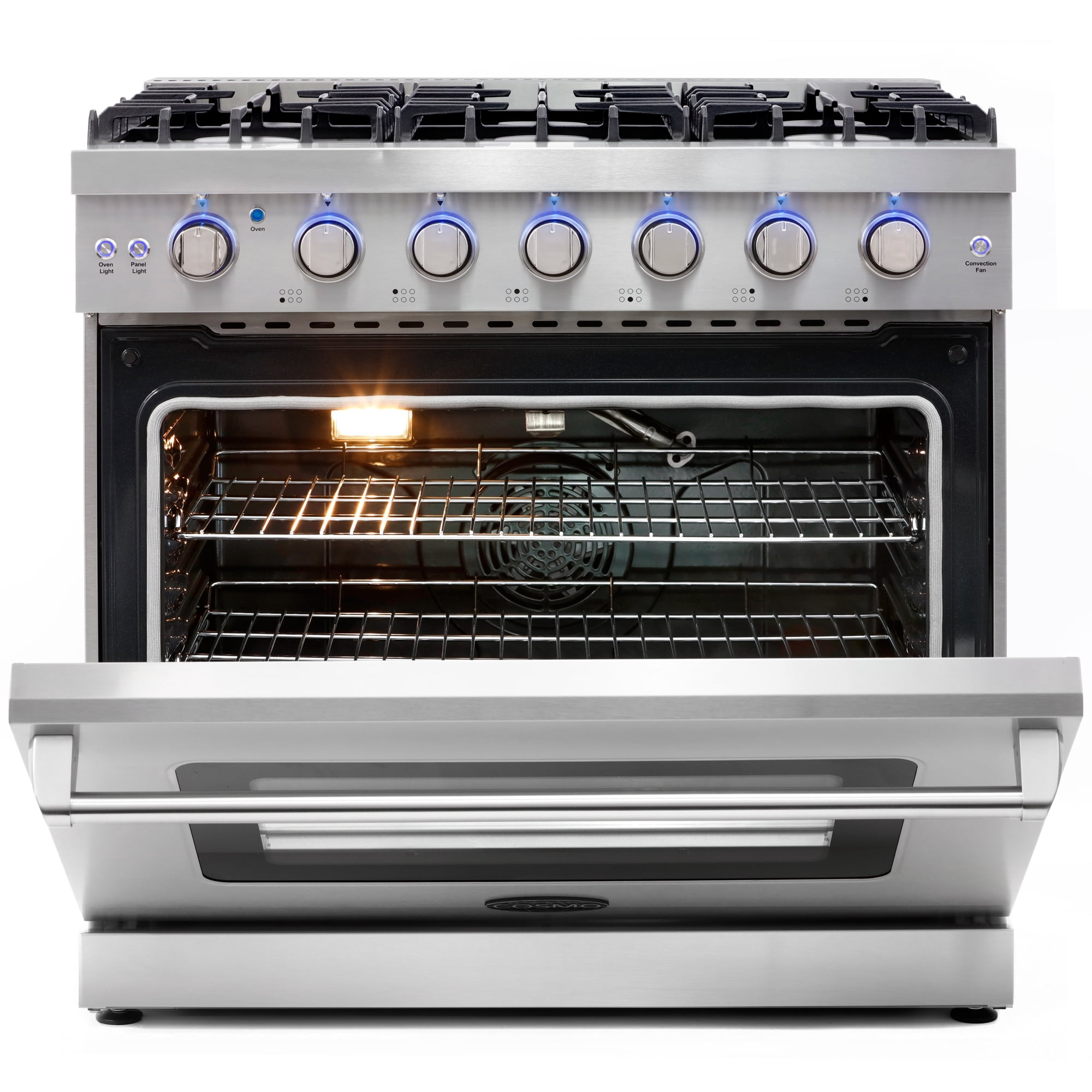 Cosmo 36 in. 6.0 cu. ft. Gas Range, 6 Burners, Convection Oven, Knob LEDs, Stainless Steel, Rose Gold Knob Kit