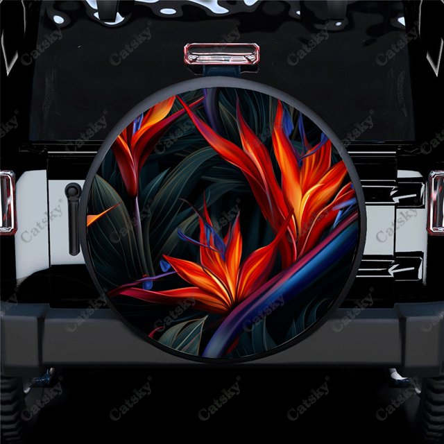 Colorful Strelitzia Flower Pattern Polyester Universal Spare Wheel Tire Cover Wheel Covers for Trailer RV SUV Truck Camper