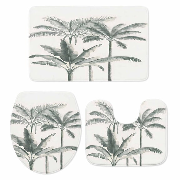 Vintage Palm Tree Bath Mat 3 Piece Bathroom Rug Set, Tropical Beach Botanical Non Slip Bath Rug Contour Mat and Toilet Lid Cover, Absorbent Shower Mats Soft Bath Rugs and Mats Sets