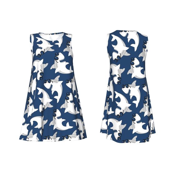 Horeoi Shark Print Women's Sleeveless Dress Cotton-like Flared Hem Deep Side Pockets Above-Knee
