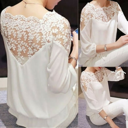 White Plush - Women's Long Sleeve Lace T Shirt Ladies Casual Loose Top Blouse Plus Size White S