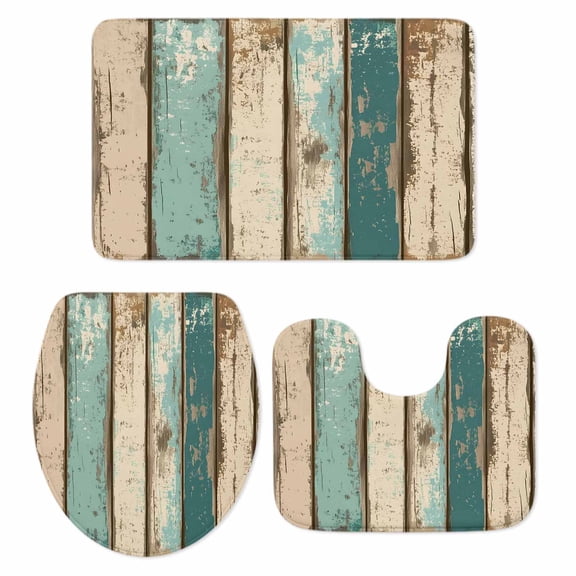 Farmhouse Teal Brown Bath Mat 3 Piece Bathroom Rug Set, Vintage Retro Ombre Wooden Non Slip Bath Rug Contour Mat and Toilet Lid Cover, Absorbent Shower Mats Soft Bath Rugs and Mats Sets
