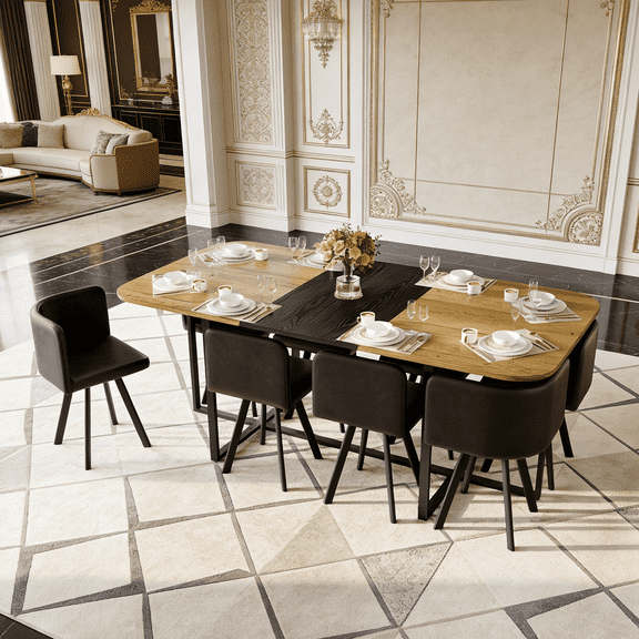 9-Piece Square Dining Table Set with 8 Faux Leather Chairs - Fixed Two-Tone Triamine Tabletop, Modern Kitchen Table Set for 8 People, Ideal for Family Gatherings, Dining Room, Restaurant