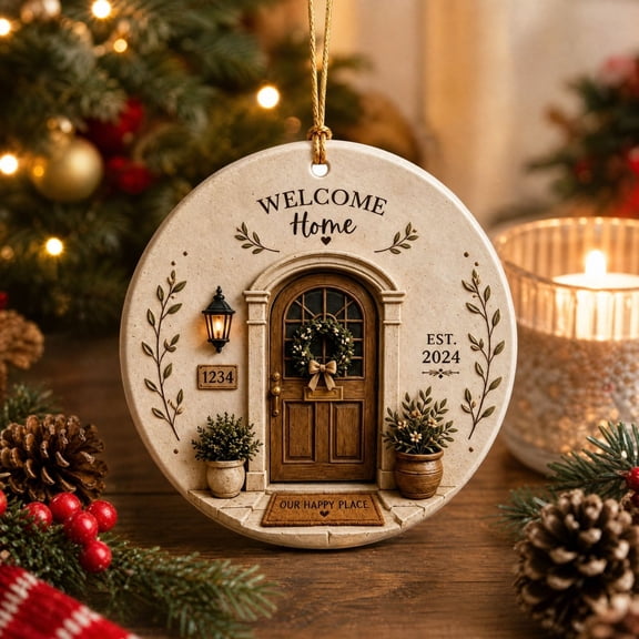 CASAVYNE 8cm Welcome Home Hanging Sign with Door Design, Round Ceramic Ornament for Front Door, Christmas Tree and Wall Indoor Decor