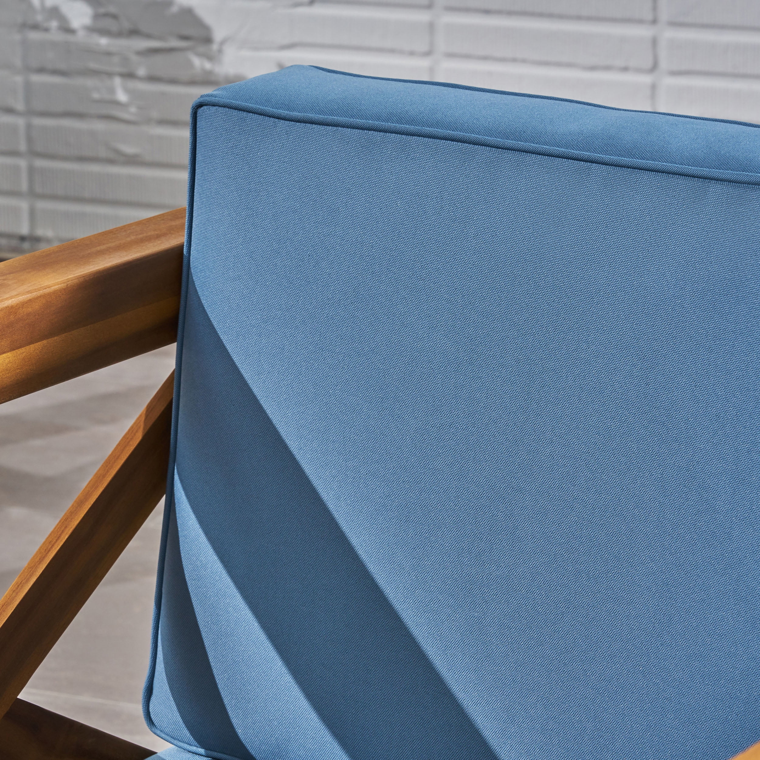 Elisha Outdoor 4 Seater Acacia Wood Loveseat Chat Set, Teak and Blue