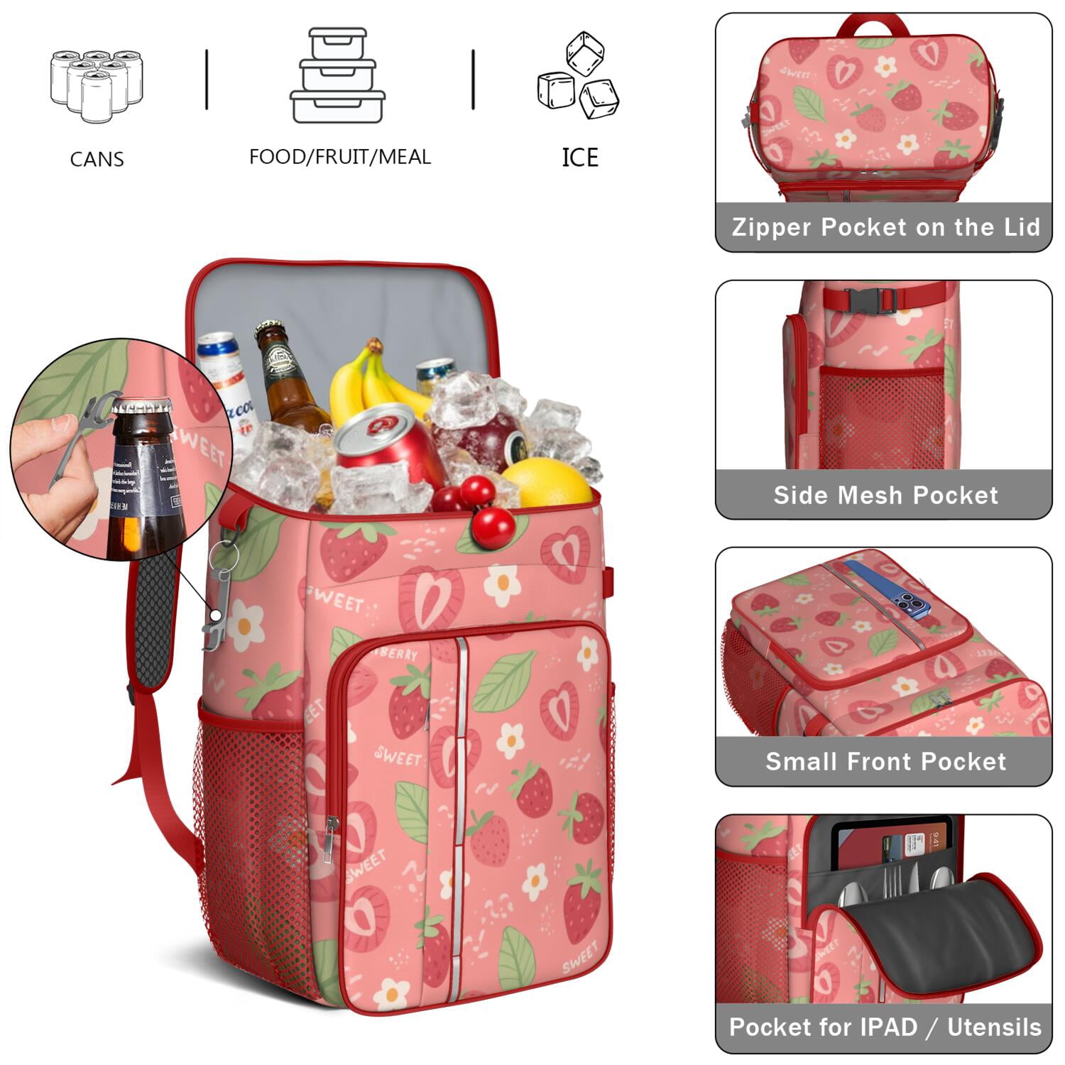Backpack Cooler,Insulated Backpack Insulated Leak Proof Travel Cooler Bag Waterproof Lunch Picnic Beach Work Trip Thermal Bag Drink Beverage Beer Bag Cooler Strawberry