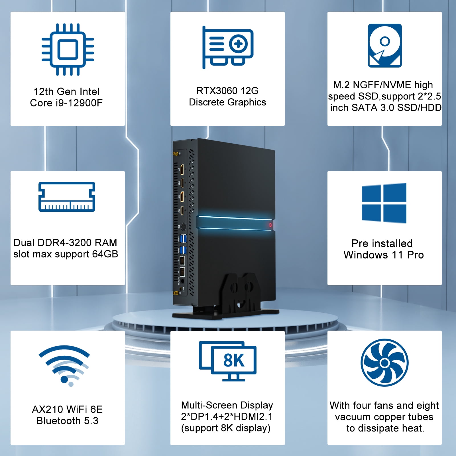 Thdeukoty Mini Gaming PC, 12th Gen Intel I9-12900F Up to 5.1GHz, Desktop Computer with Geforce RTX 3060, 16G DDR4 RAM 1T SSD, Wifi6, 8K@60Hz Four Display, Windows 11 Pro