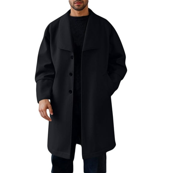 Yiliang Mens Long Pea Coat Notched Collar Trench Coat Loose Fit Windbreaker Overcoat ,Black,L