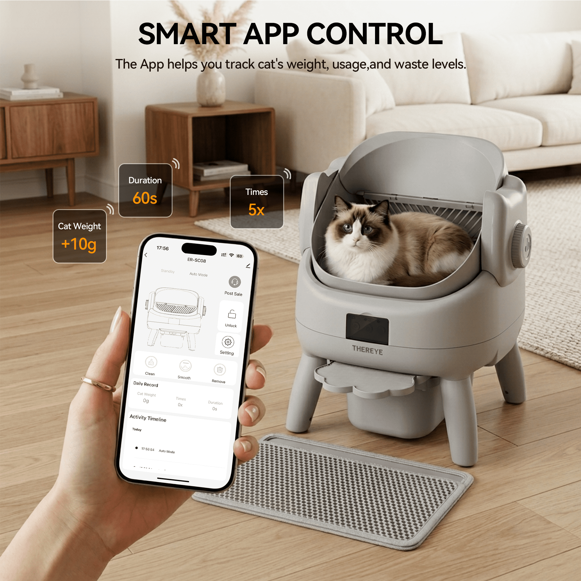 Osoeri Self-Cleaning Cat Litter Box,Open-Top Large Automatic Litter Box for Multiple Cats,App Control,Integrated Safety Protection,Odor-Free,with Trash Bags,Waterproof Mat and Litter Mat,Gray