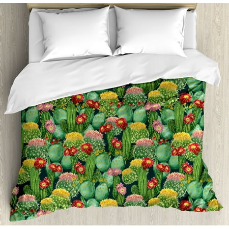 Nature Duvet Cover Set, Garden Flowers Cactus Texas Desert Botanical Various Plants with Spikes Pattern, Decorative Bedding Set with Pillow Shams, Multicolor, by