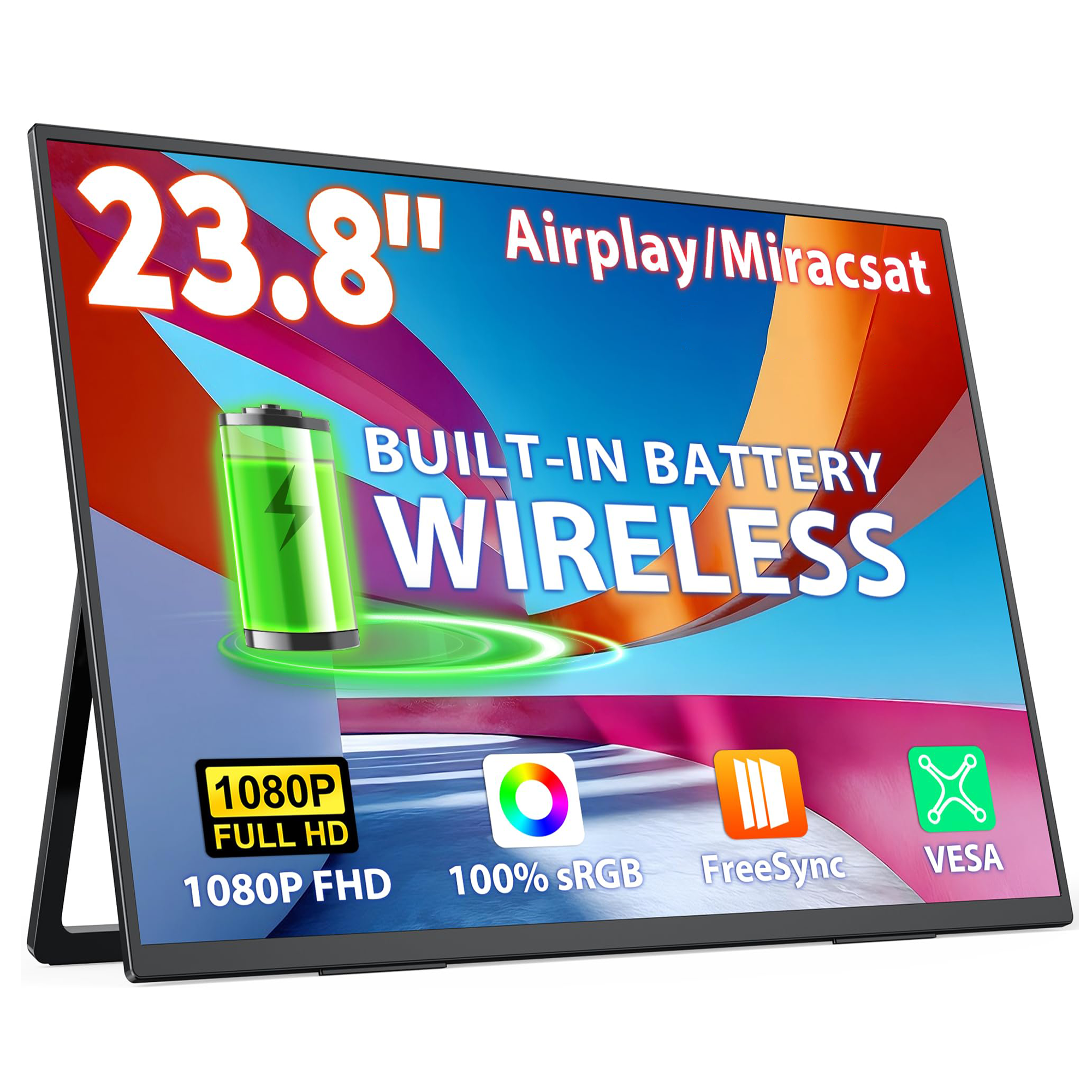 23.8" Wireless Portable Monitor for Laptop,FHD 1080P IPS Laptop Screen Extender with 10000mAh Battery,USB-C HDMI Travel Monitor for PC Mac Phone, AirPlay Miracast for iPhone