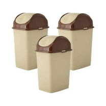 Superio 1.25 Gal Mini Plastic Trash Can with Swing Top Lid Small Waste Bin for Countertop, Desk, Vanity, Bathroom 5 Quart (Beige/Brown, 3 Pack)