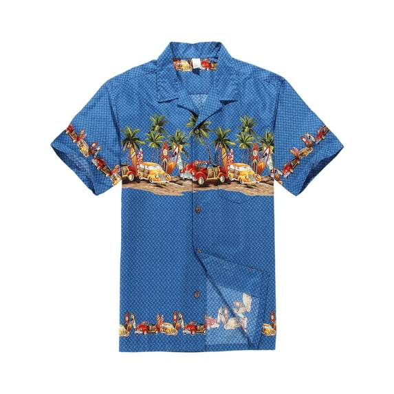 Hawaiian Shirt Aloha Shirt in Blue Vintage Cars and Surf Boards