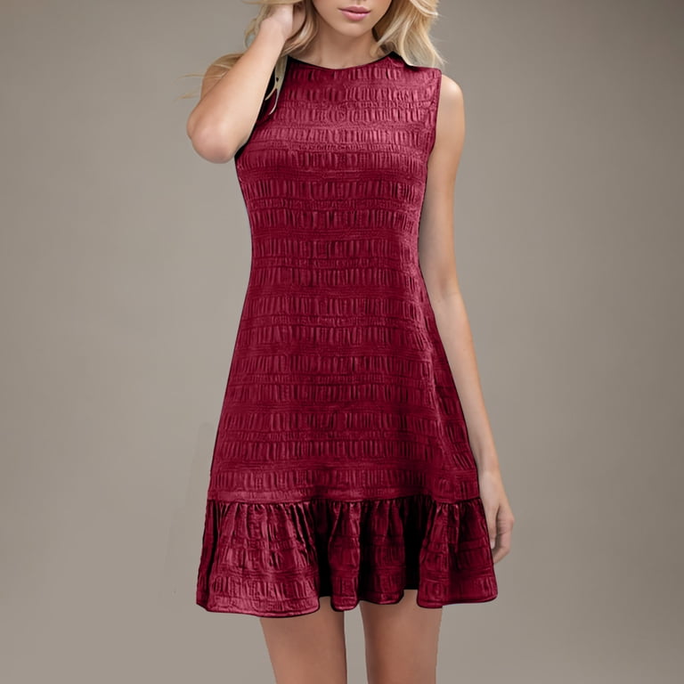ZQUUVOU Women's Sleeveless Dress Round Neck Knee Length Holiday Dress  Ruffle Hem Loose Swing Dress Cocktail Club Dress Burgundy - Walmart.com