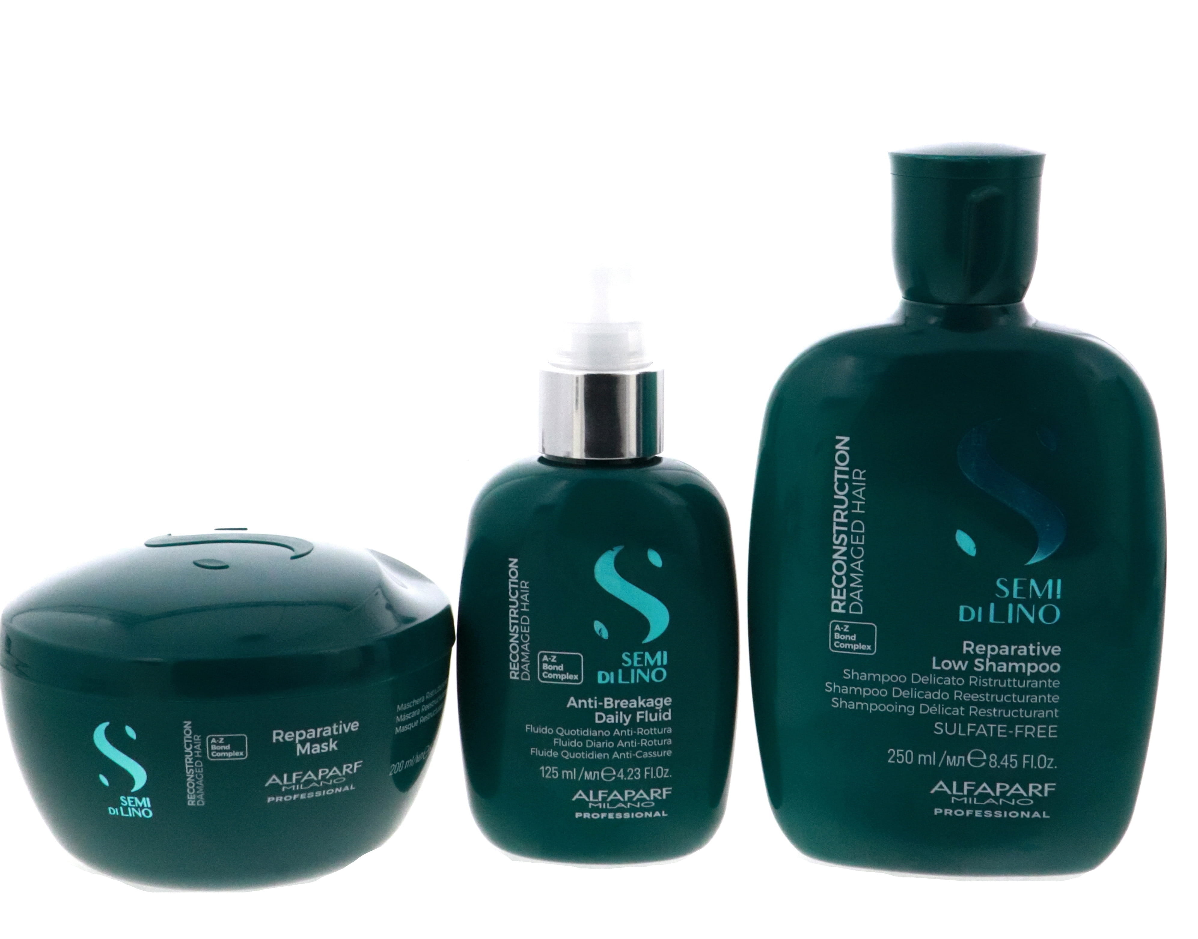 Alfaparf Semi Di Lino Reconstruction Reparative Shampoo 8.45oz & Mask 6.88oz & Fluid 4.23oz