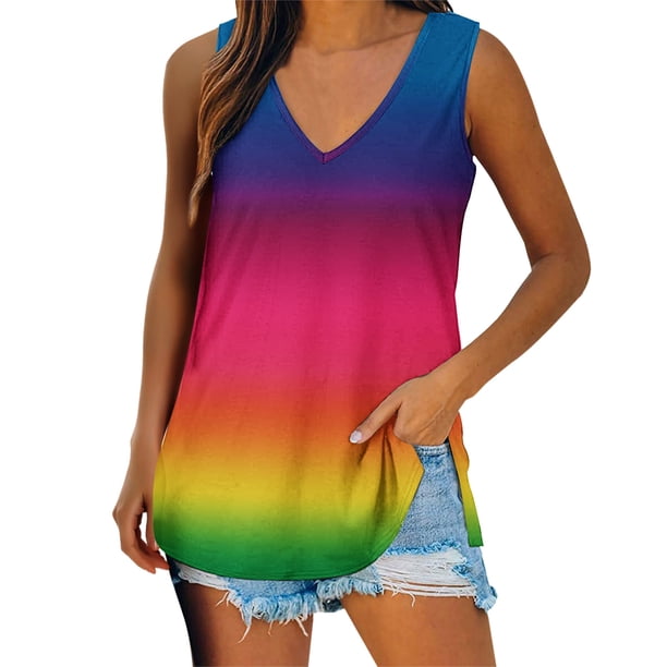 Playeras,Blusas y Tops,Ropa para Mujer Mujeres Tank Top Mujeres Casual Tie Dye Gradient Stripes Impresión Cuello en V Sin mangas Chaleco Camiseta Blusa Tops (Pink, S)