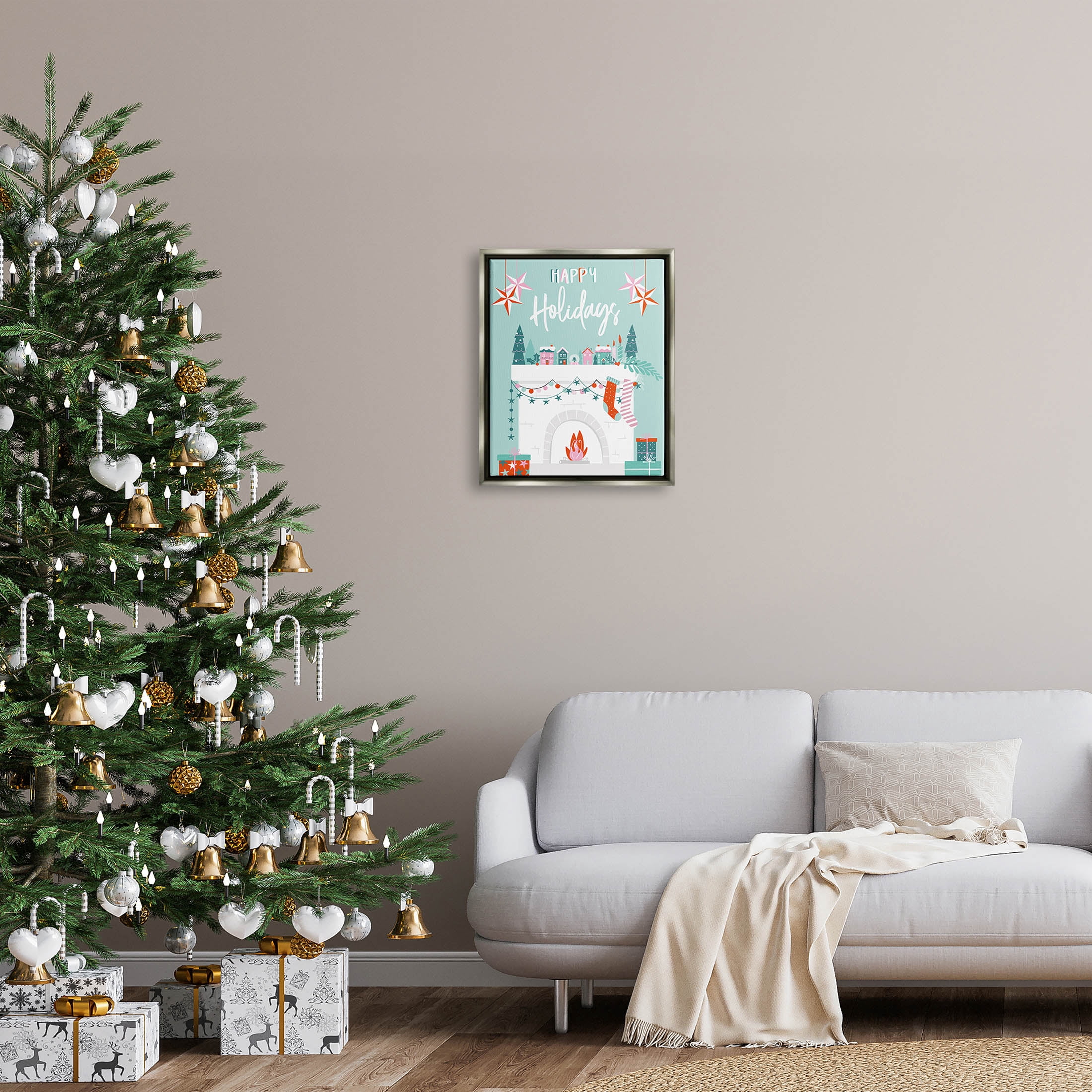 Happy Holidays Festive Mantle Stockings Holiday Graphic Art Luster Gray Framed Art Print Wall Art